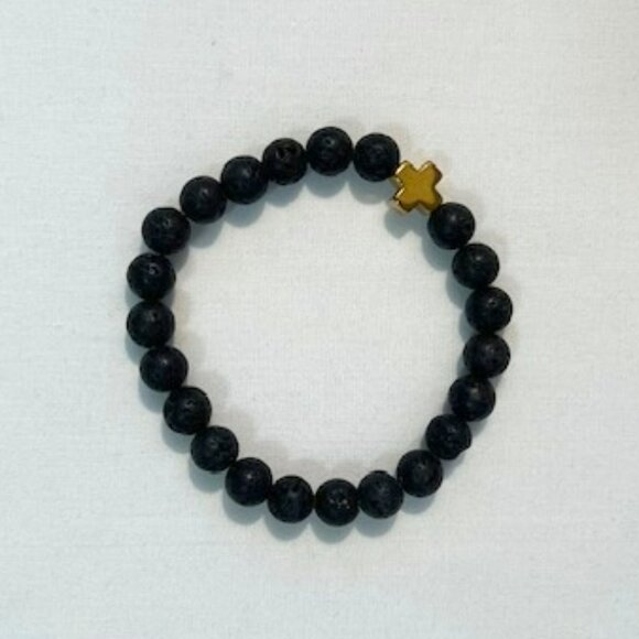 Andrew Christian Lava Stone Bracelet with Gold Cross - Black/Gold - Picture 1 of 4